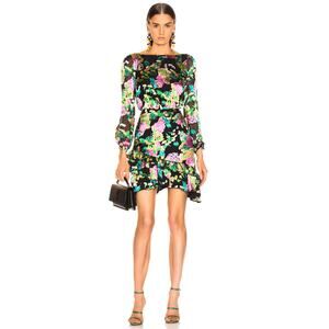 Saloni Felicia Hydrangea Black Metallic Floral Ruffle Long Sleeve Dress Size 4